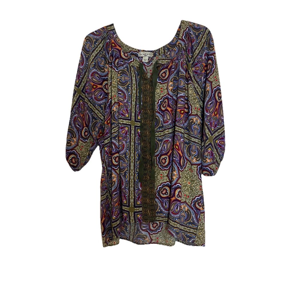 Live And Let Live Woman Blouse 2XL Purple Green Paisley Embroidered Trim Ribbon